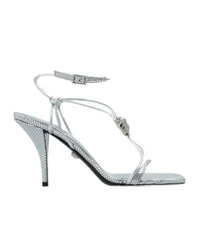 Versace Open Toe High Heel Sandals In Gray