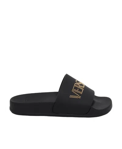 Versace Open-toed Flat Slippers In Black