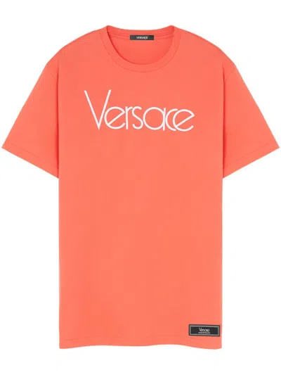 Versace Logo-print Cotton T-shirt In Orange