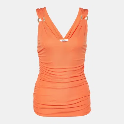 Pre-owned Versace Orange Crepe Ruched Sleeveless Top S