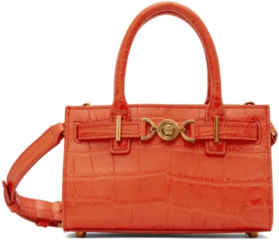Versace Embellished Croc-effect Leather Tote In 1ra8v-coral- Gold