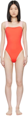 VERSACE ORANGE GRECA BORDER ONE-PIECE SWIMSUIT