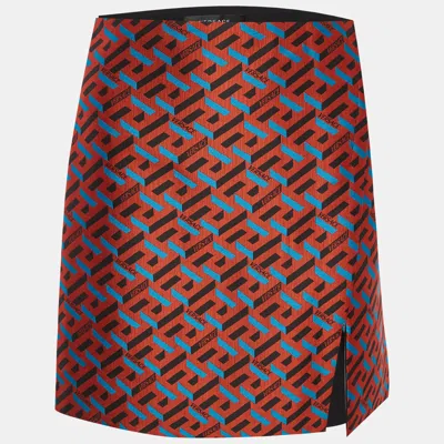 Pre-owned Versace Orange La Greca Print Jacquard Mini Skirt M
