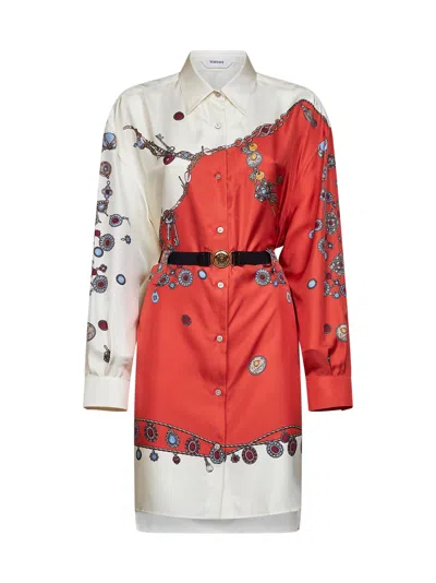 Versace Orange Printed Silk Twill Belted Mini Dress In Multi