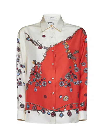Versace Orange Printed Silk Twill Shirt In Multi