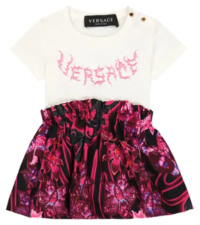 Versace Orchid Barocco Cotton Dress In White+black+tropical Print