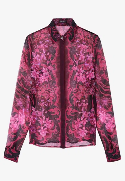 Versace Orchid Barocco Print Sheer Silk Shirt