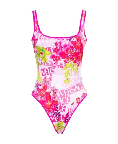 Versace Orchid-print Reversible Swimsuit In Multi