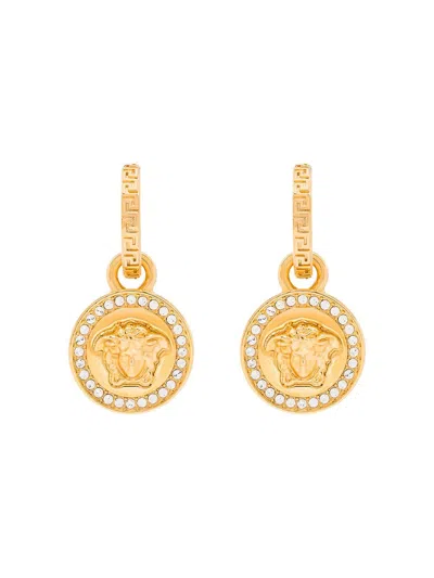 Versace Gold Tone Greca Medusa Crystal Earrings In Metallic