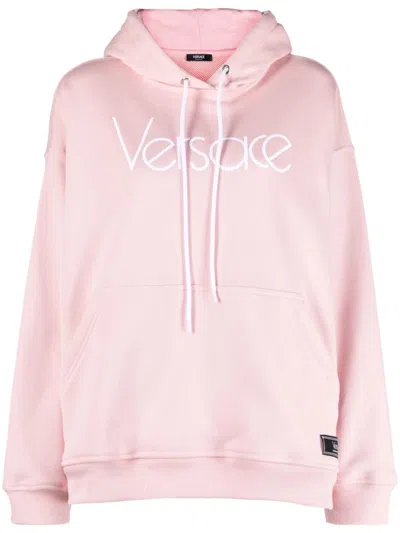VERSACE ORGANIC COTTON HOODIE WITH EMBROIDERED LOGO AND FRENCH TERRY LINING IN PINK FOR WOMEN