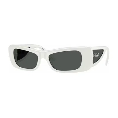 VERSACE OVAL FULL RIM, WITH A WHITE FRAME AND DARK GREY LENS.