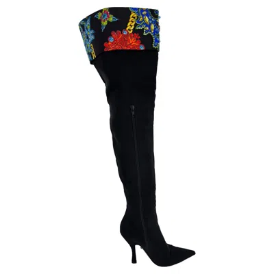 Pre-owned Versace Over The Knee Boots W/ Crystals In Black Cotton