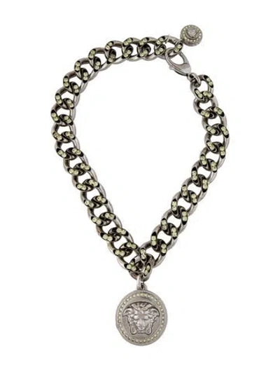 Pre-owned Versace Oversized Crystal Link Medusa Medallion Necklace, 22.5"