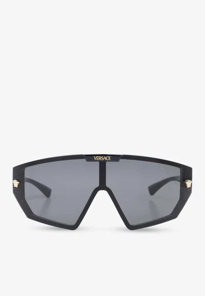 Versace Oversized Geometric Logo Sunglasses In Gray