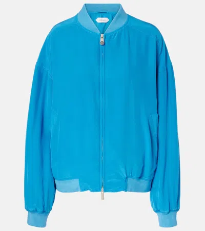 Versace Relaxed Fit Silk Jacket With Embroidered Logo And Zipper Closure In Blue