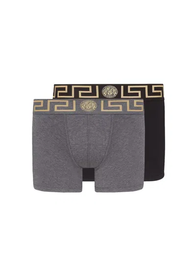 Versace Pack Of Two Boxer Shorts With Greek Motif In Bk/gr