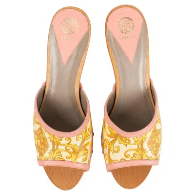 Pre-owned Versace Pair Of Mules With Studded Printed Leather Heels In Sand