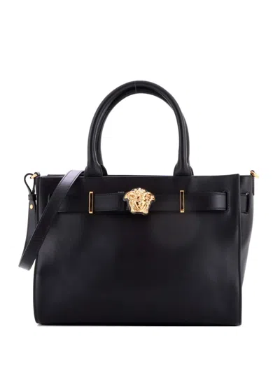 Pre-owned Versace Palazzo Medusa Belted Convertible Leather Large Tote Bag In Black