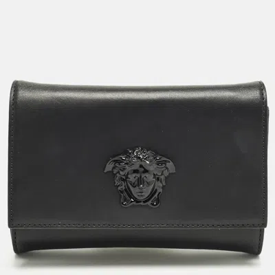 Pre-owned Versace Palazzo Medusa Black Leather Flap Clutch