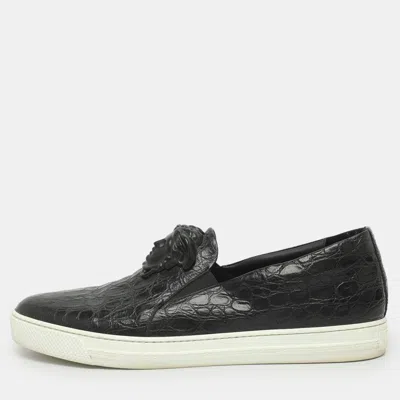 Pre-owned Versace Palazzo Size 46 Black Croc Embossed Leather Slip On Sneakers