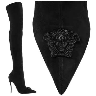 Pre-owned Versace Palazzo Thigh High Black Suede Stiletto Boots 36 - 6