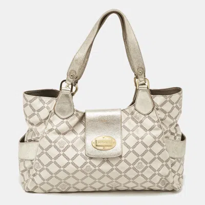 Pre-owned Versace Pale Gold Logo Jacquard Nylon Tote