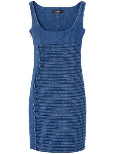 Versace Cotton Denim Midi Dress In Bleu