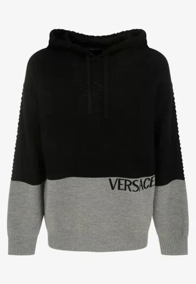 Versace Paneled Drawstring Hoodie In Black
