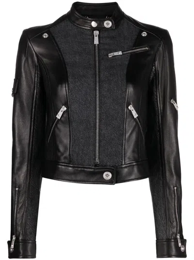 Versace Cropped Paneled Leather And Denim Biker Jacket In Black