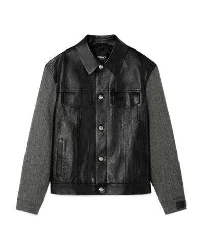 Versace Panelled Button-down Leather Jacket In Black