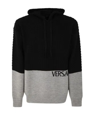 Versace Panelled-knit Pullover Hoodie In Black