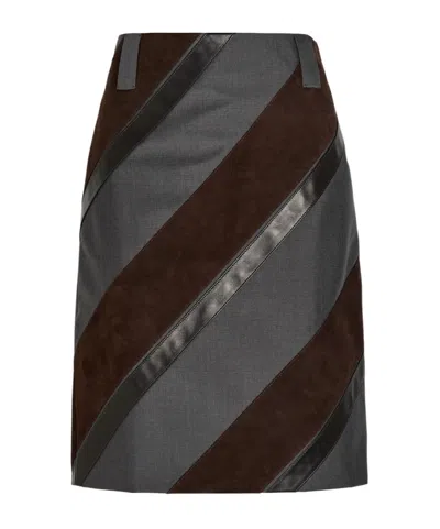 Versace Panelled Leather And Mohair-blend Knee-length Skirt In Brown