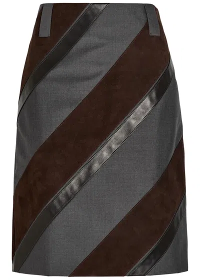 Versace Panelled Leather And Mohair-blend Knee-length Skirt In Gray