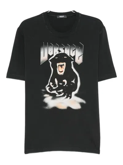 Versace Panther Print Jersey T-shirt In Black