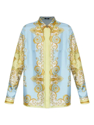 Versace Formal Shirt Silk Twill Print Spring Barocco Foula In Blue