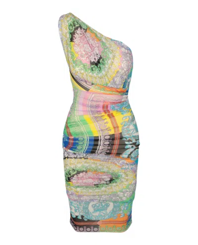 Versace Patchwork Effect One-shoulder Draped Dress In Multi