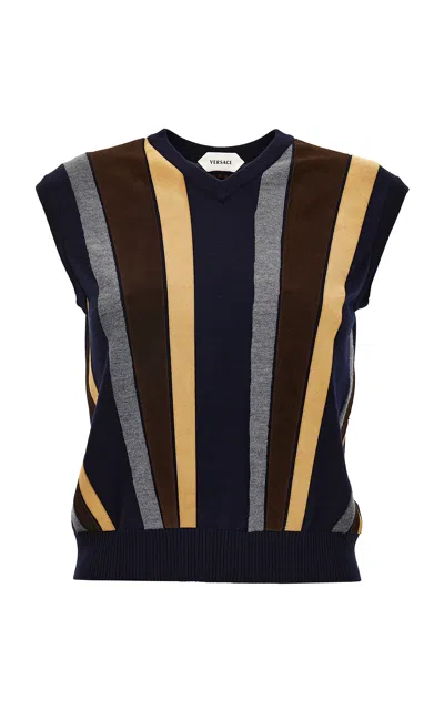 Versace Patchwork Knit & Leather Top In Blue