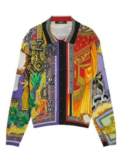 Versace Patchwork-print Button-front Cardigan In Multi