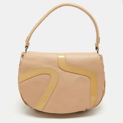 Versace Patent And Leather Patch Hobo In Beige