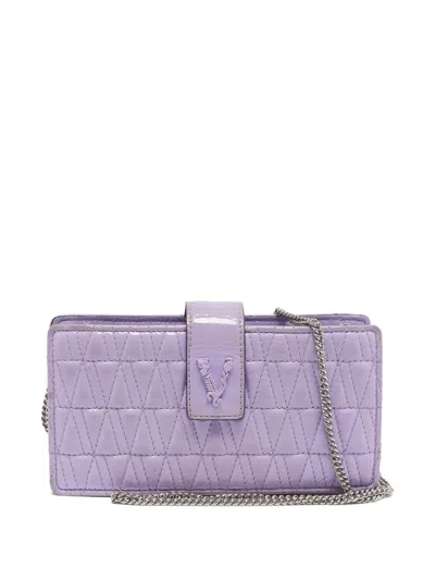 Pre-owned Versace Patent-leather Chain Wallet In Purple