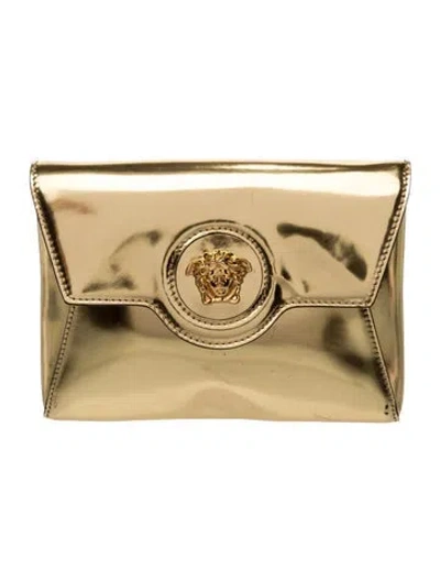 Pre-owned Versace Patent Leather Clutch In Gold