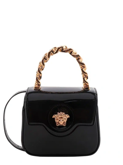 Versace Patent Leather Handbag With Medusa Button In Black