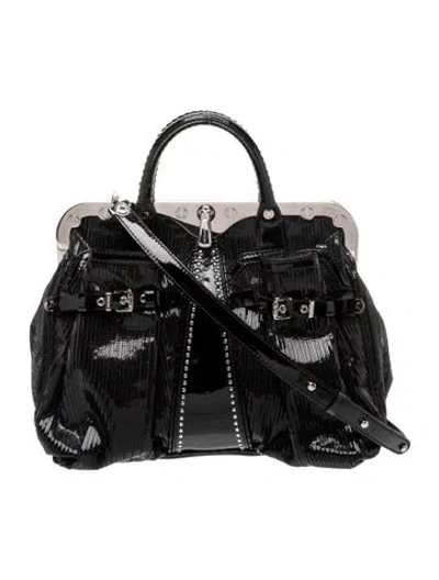 Pre-owned Versace Patent Leather Top Handle Bag In Black