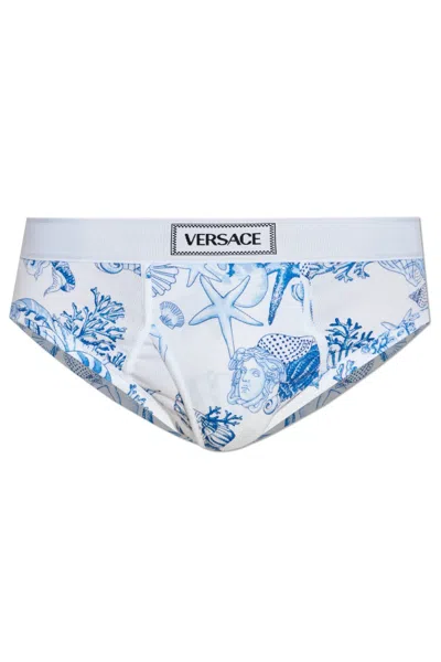 Versace Seashell-print Briefs In Blue