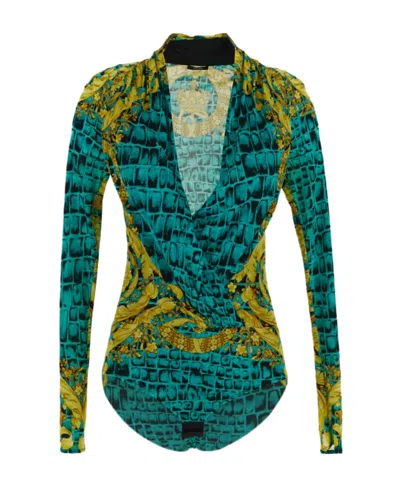 Versace Baroccodile-print Draped Bodysuit In Multi