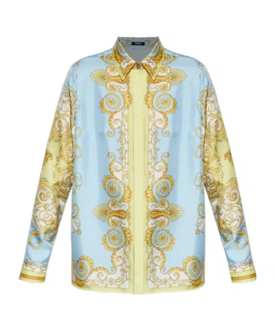 Versace Multicolor Long-sleeved Shirt With Pointed Collar And All-over Baroque Print In Silk For Women