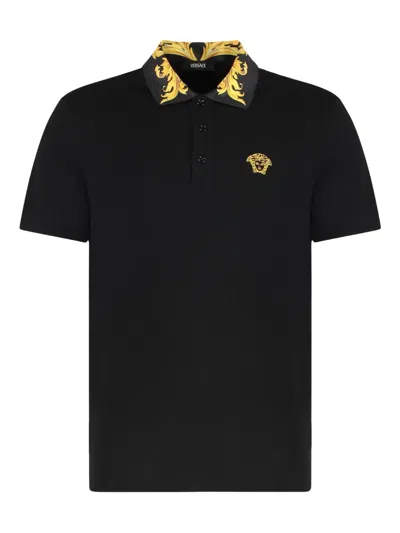 Versace Patterned-collar Medusa Polo Shirt In Black
