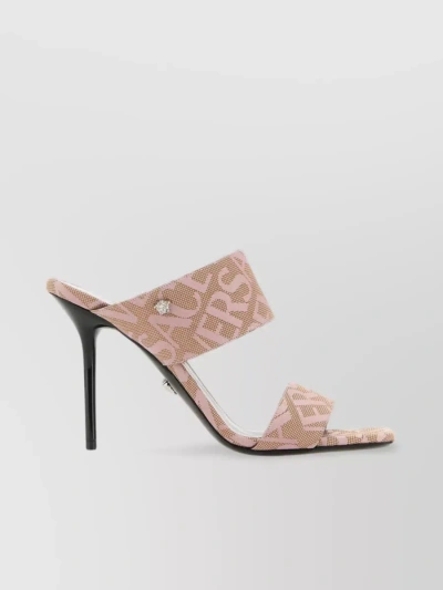 VERSACE PATTERNED EMBROIDERED CANVAS MULES WITH METAL DETAIL