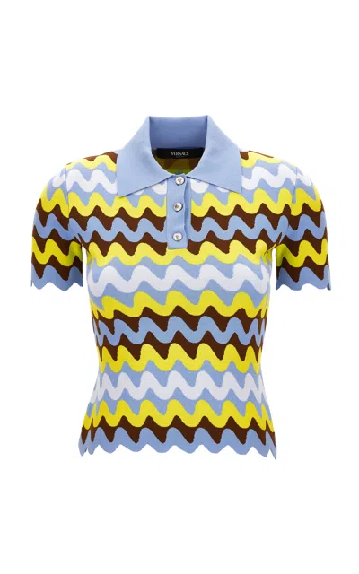 Versace Patterned Jacquard Knit Polo Sweater In Bleu Clair+multicolore