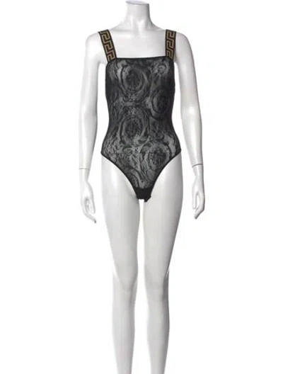 Pre-owned Versace Patterned Square Neckline Bodysuit W/ Tags In Black